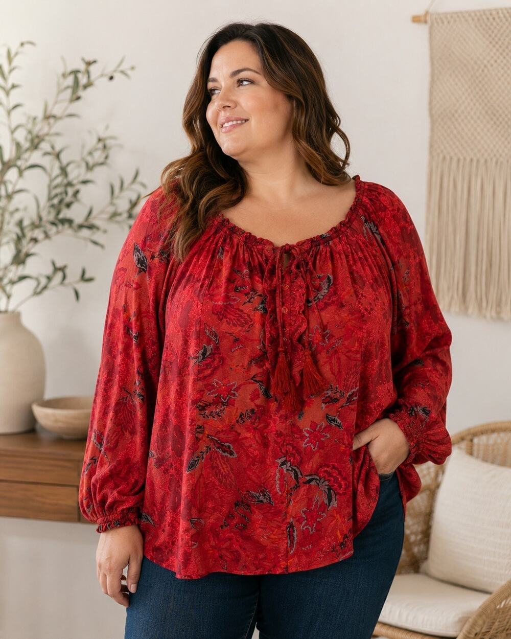 Caffé Marrakesh Women's 3X Boho Floral Peasant Blouse Burgandy Tassel Tie Top